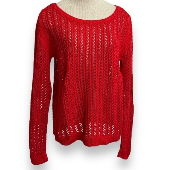 A.N.A Open Knit Red Sweater Women's Size XL Scoop Neck Long Sleeves Cotton Blend - Picture 1 of 12